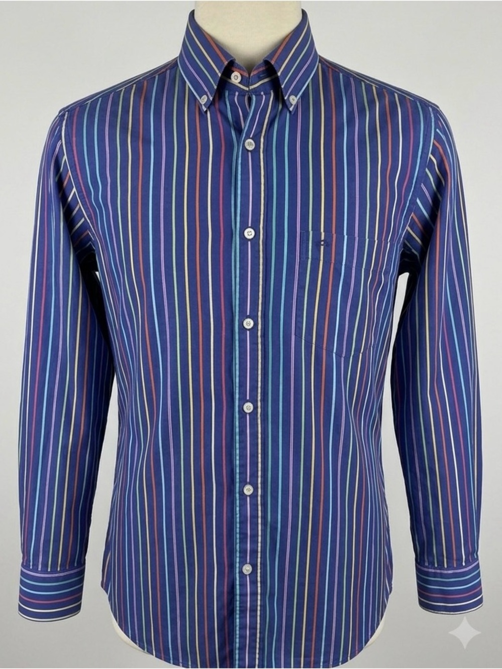 Paul & Shark Yachting Mens 39 Medium 15.5 Blue Rainbow Multi Striped Dress Shirt